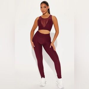 Fashion Nova Burgundy Textured Leggings and Crop Top Set